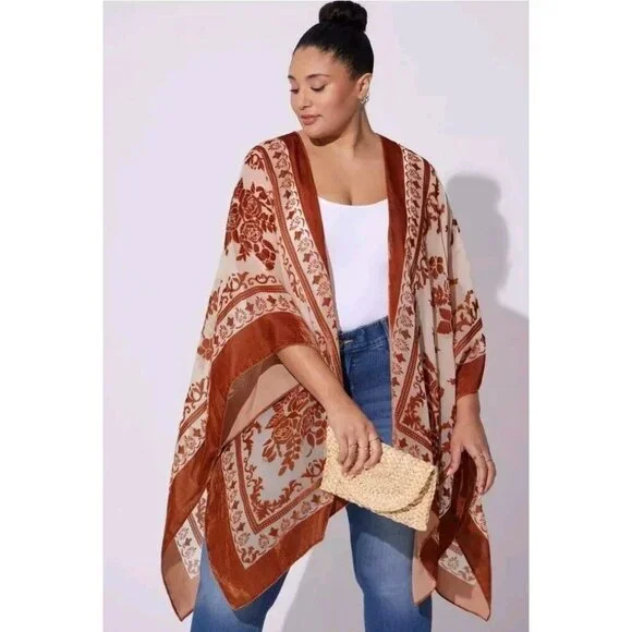 Torrid Womens One Size Multicolor Floral Velvet Burnout Ruana Open Kimono Boho - Picture 2 of 7